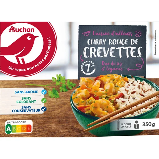 Curry rouge de crevettes, duo de riz et légumes