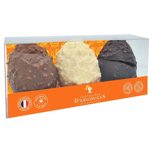 Assortiment oeufs granités de Pâques amande chocolat noir 70% noisette chocolat lait 33% et noix de coco chocolat blanc 28.3%