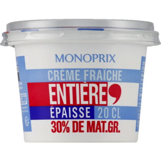 Crème fraîche entière épaisse. 30% de matières grasses.