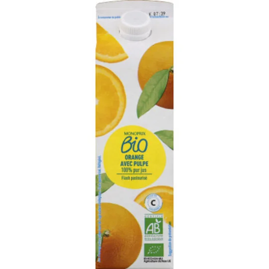 100 % pur jus d'orange, avec pulpe, bio