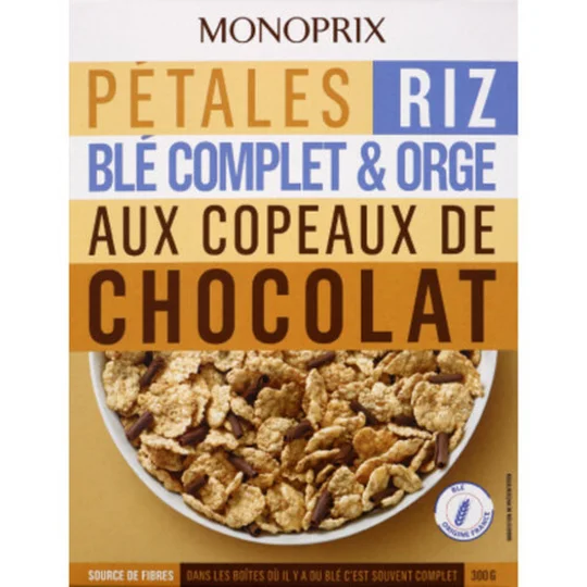 Pétales de riz & blé complet aux copeaux de chocolat