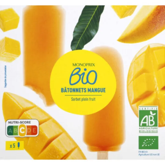 5 Bâtonnets Mangue Sorbet Plein Fruit