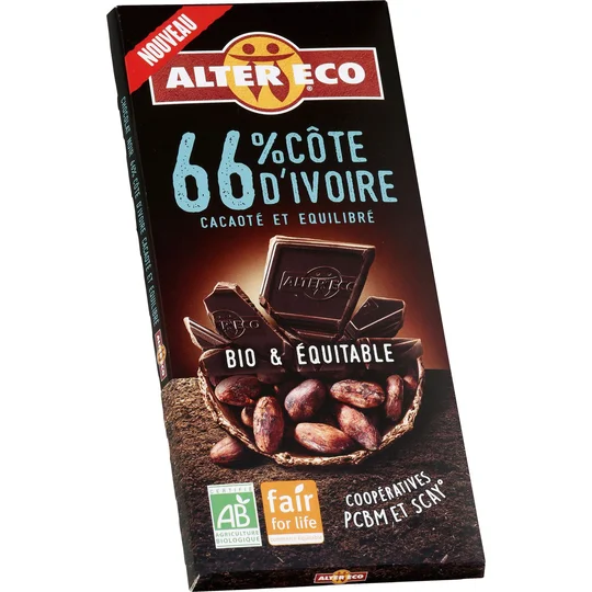 Tablette de chocolat noir bio et équitable Côte d'Ivoire 66% 1 pièce