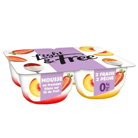 Mousse fromage blanc sur lit de fruit fraise et pêche allégé 0% MG