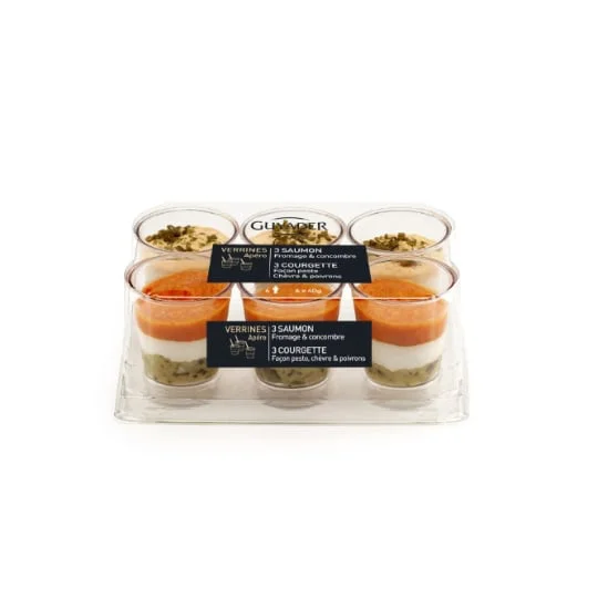 Assortiment verrines 3 saumon fromge concombre et 3 courgettes façon pesto chèvre