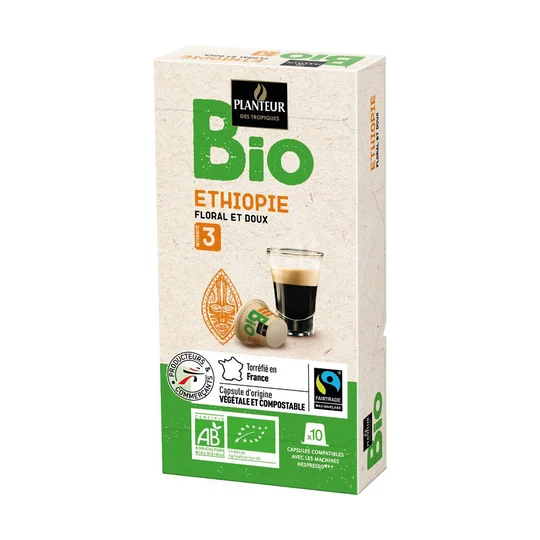 Capsules de café moulu Ethiopie BIO, floral et doux