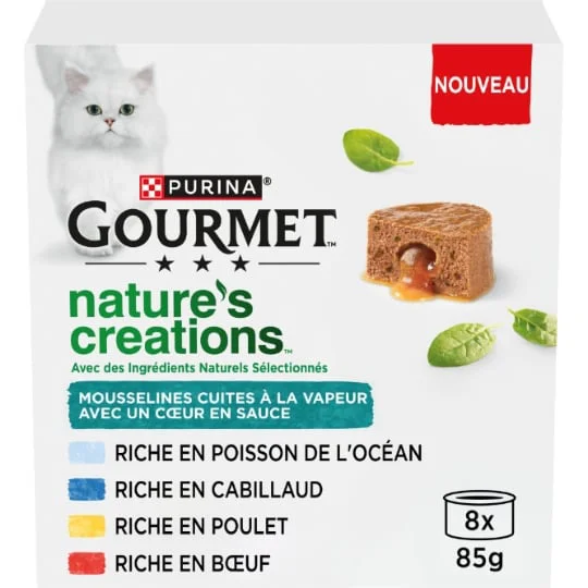 Pâtée pour chat adulte en sauce poisson cabillaud poulet et boeuf