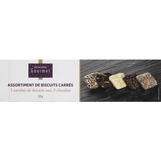 Assortiment de biscuits carrés aux 3 chocolats, 5 variétés