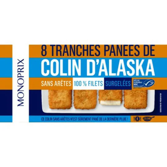 Tranches panées de colin d Alaska sans arêtes, 100% filets, surgelées