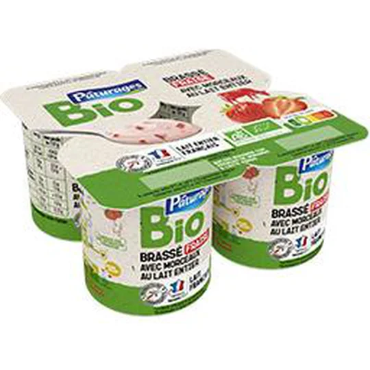 Yaourt brassé fraise avec morceaux au lait entier BIO