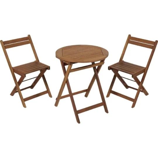 Ensemble Balcon Pliant 1 Table Ronde, 2 Chaises Bois Acacia Teinté Bali HYBA
