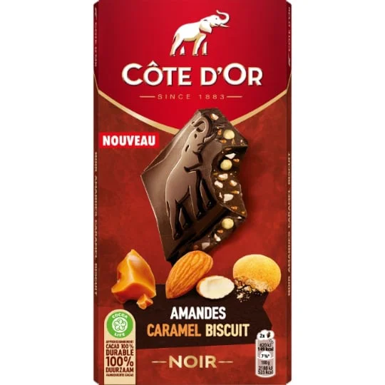 Tablette de chocolat noir amandes caramel et biscuit