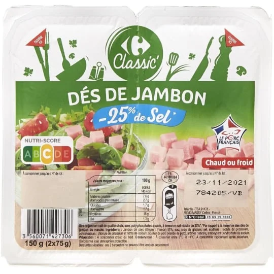 Dés de jambon sel réduit