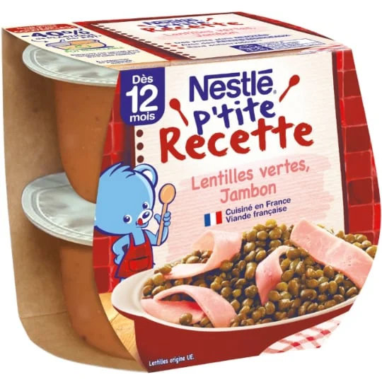 Plat bébé 12+ mois, lentilles vertes jambon