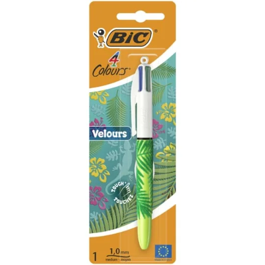 Stylo-bille 4 couleurs Motif Feuilles - Velours