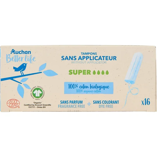 Tampons sans applicateur coton bio sans applicateur