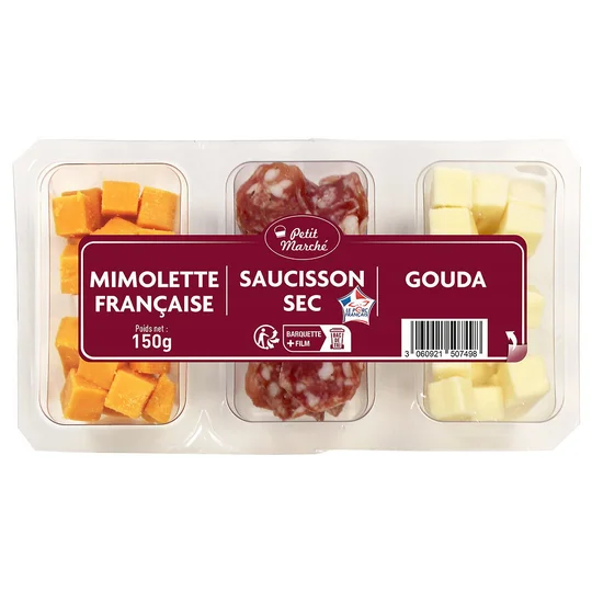 Mimolette française , saucisson sec et gouda