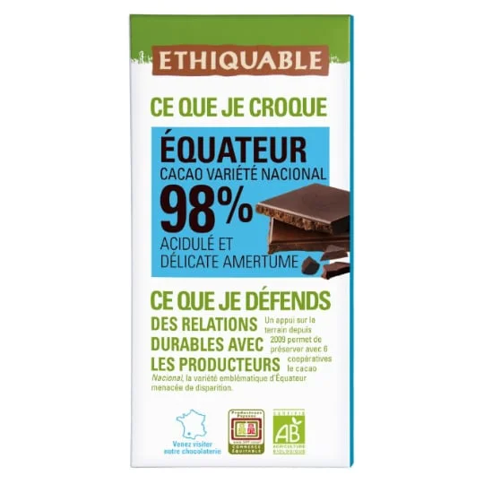 Chocolat noir 98% cacao délicate amertume Equateur Bio