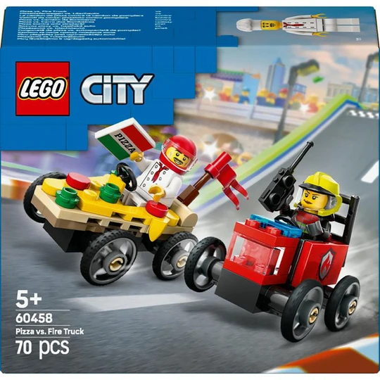 City 60458 - Pack de bolide de course : Camion de pizza contre camion de pompiers