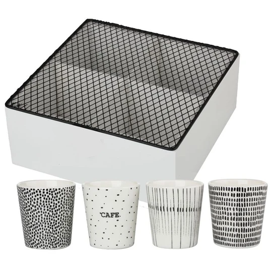 Coffret de 4 tasses expresso en grès 9cl + boite à sachet à thé
