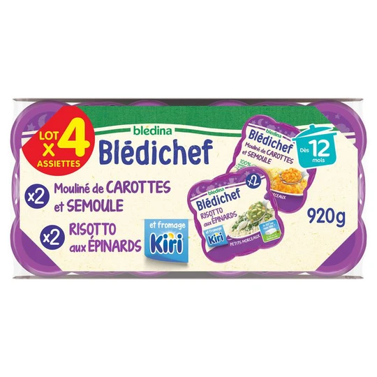 Blédichef Assiette mouliné de carotte semoule et risotto aux épinards dès 12 mois