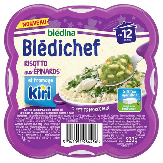 Blédichef assiette de risotto aux épinards et fromage Kiri dès 12 mois
