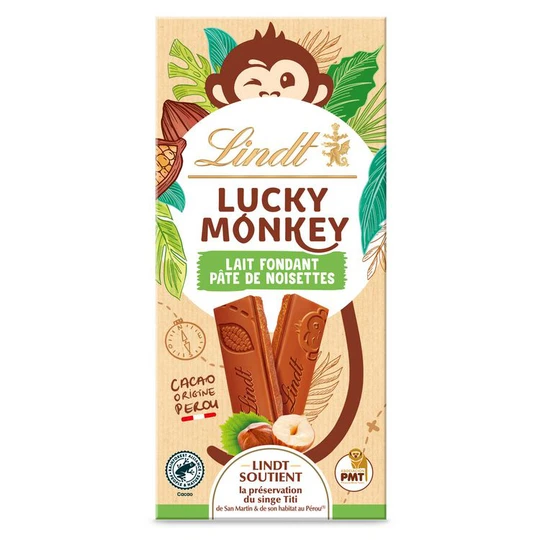 Lucky Monkey Tablette de chocolat au lait et pâte de noisettes