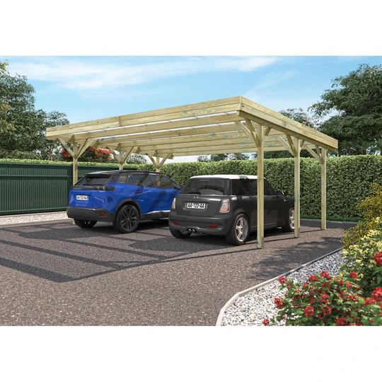 Carport adossé toit plat - Bois traité autoclave - 2 voitures - 30,9m² - JEAN