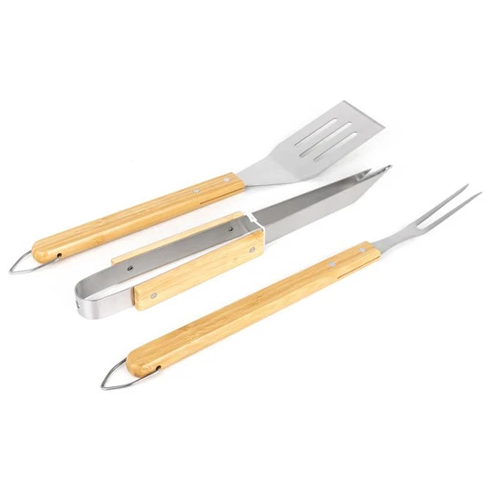 Lot De 3 Accessoires Pour Barbecue 1 Pince, 1 Spatule, 1 Fourchette manche en Bambou