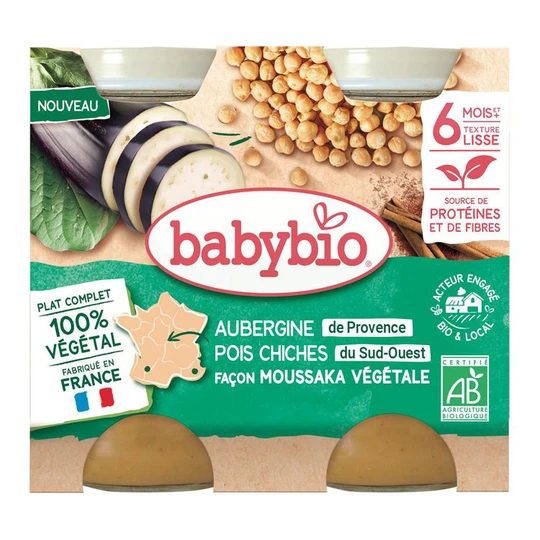 Petits pots aubergine et pois chiches façon moussaka végétale bio dès 6 mois