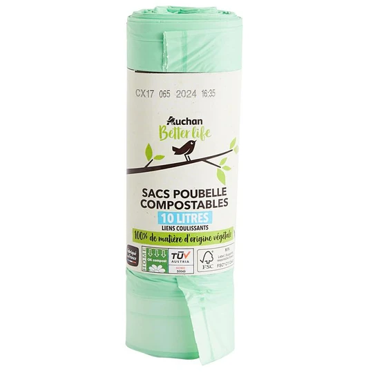 Sacs poubelles compostables avec liens coulissants 10L