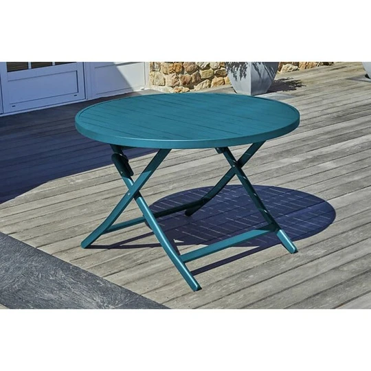 Table de jardin ronde pliante - 4/6 places - Aluminium - Bleu canard - MARIUS
