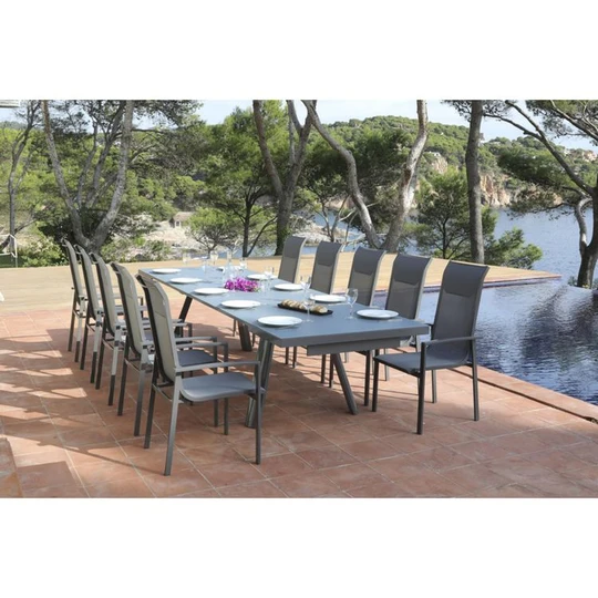 Lot salon de jardin avec table NOISETTE 220/340x100 verre texturé + 8 fauteuils haut dossier empilables NOISETTE