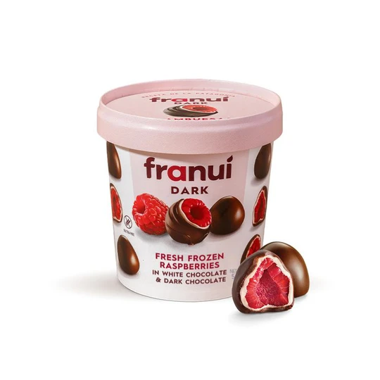 Framboises glacées enrobées de chocolat noir et chocolat au lait