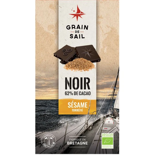 Tablette de chocolat noir bio 62% cacao au sésame torréfié