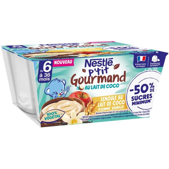 P'tit gourmand à la semoule au lait de coco pomme vanille réduit en sucre dès 6 mois