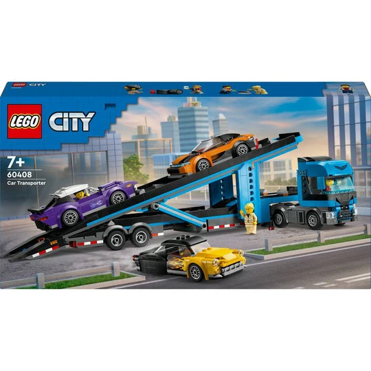City 60408 - Le Camion de Transport de Voitures de Sport - Set de 4 Véhicules Pour Enfants dès 7 Ans - Cadeau de Fête ou d'Anniversaire pour Garçons et Filles - 4 Minifigurines pour le Jeu de Rôle