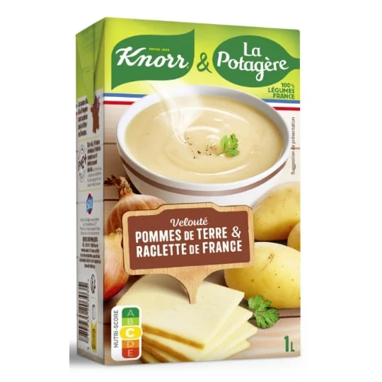 Soupe velouté pommes de terre, raclette fumée, oignons