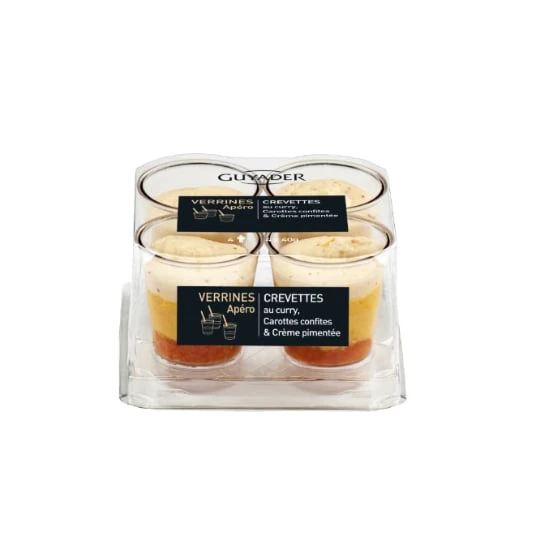 Verrines crevettes au curry, carottes confites et crème pimentée