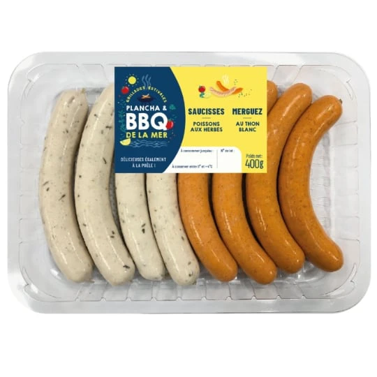 Saucisses merguez poissons thon blanc