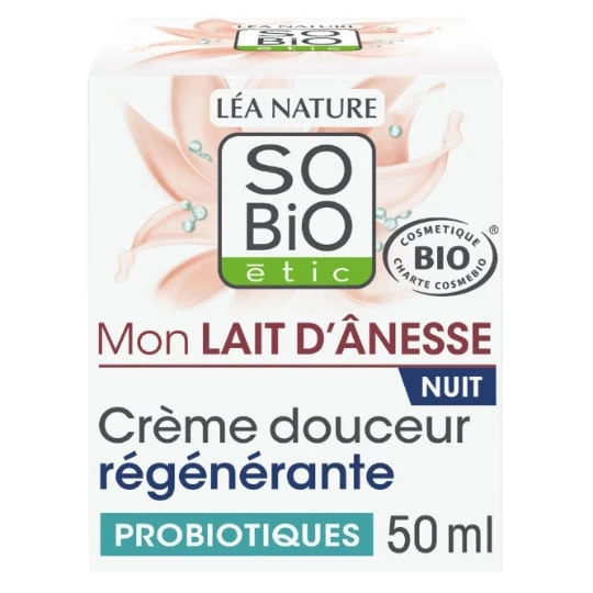 Soin Visage Lait d'Anesse Crème Douceur Nuit Régénérateur Fragment de Probiotiques et Vitamine F