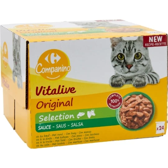 Pâtée Pour Chat Adulte Emincés En Sauce Boeuf Dinde Truite Colin Vitalive