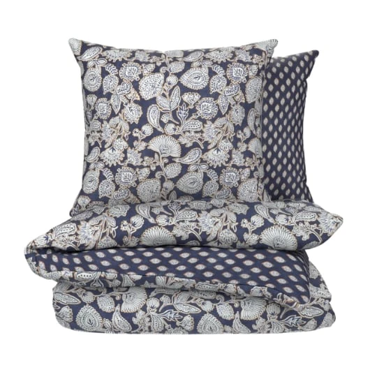 Parure de lit 260x240 cm Mumbai Bleu Marine Imprimé 100% Coton Bio Housse de Couette + 2 Taies d'Oreiller 65x65 cm