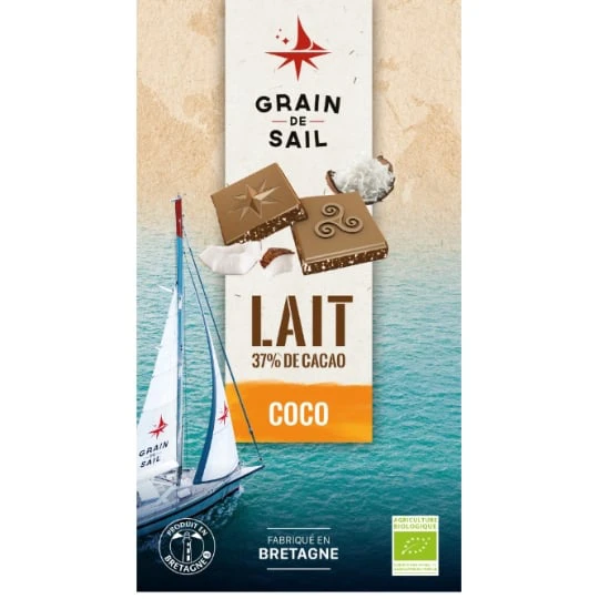 Tablette de chocolat au lait 37% de cacao avec inclusions de noix de coco toastées