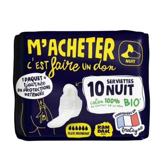 Serviettes Hygiéniques avec Ailettes Nuit Flux Abondant 100% Coton Bio
