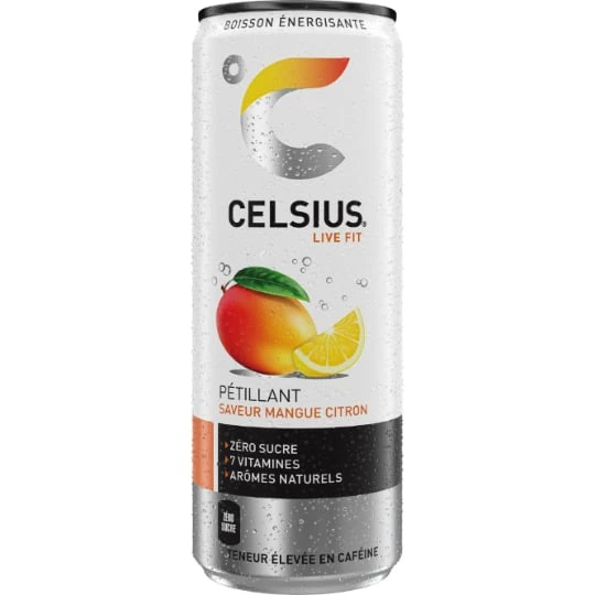 Boisson Energisante Pétillante Saveur Mangue Citron Zéro Sucre