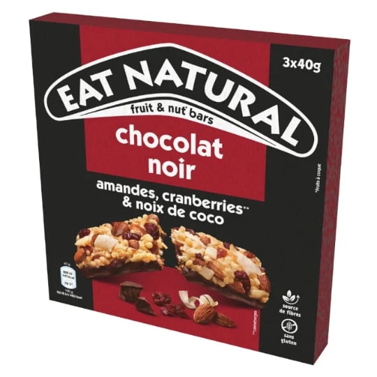 Barres Céréales Amandes Cranberries Noix de Coco et Chocolat Noir Sans Gluten