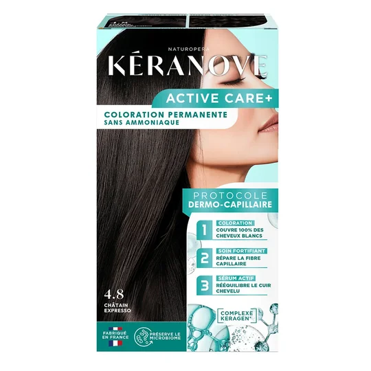 Coloration Permanente 4.8 Châtain Expresso Sans Ammoniaque Couvre 100% Cheveux Blancs Protocole Dermo-Capillaire Préserve Le Microbiome Active Care+