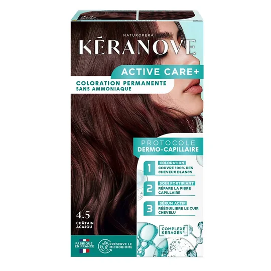 Coloration Permanente 4.5 Châtain Acajou Sans Ammoniaque Couvre 100% Cheveux Blancs Protège Le Microbiome Protocole Dermo-Capillaire Complexe Keragen Active Care+