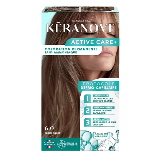 Coloration Permanente 6.0 Blond Foncé Sans Ammoniaque Couvre 100% Cheveux Blancs Couleur Lumineuse Longue Durée Protocole Dermo-Capillaire Préserve Le Microbiome Active Care +